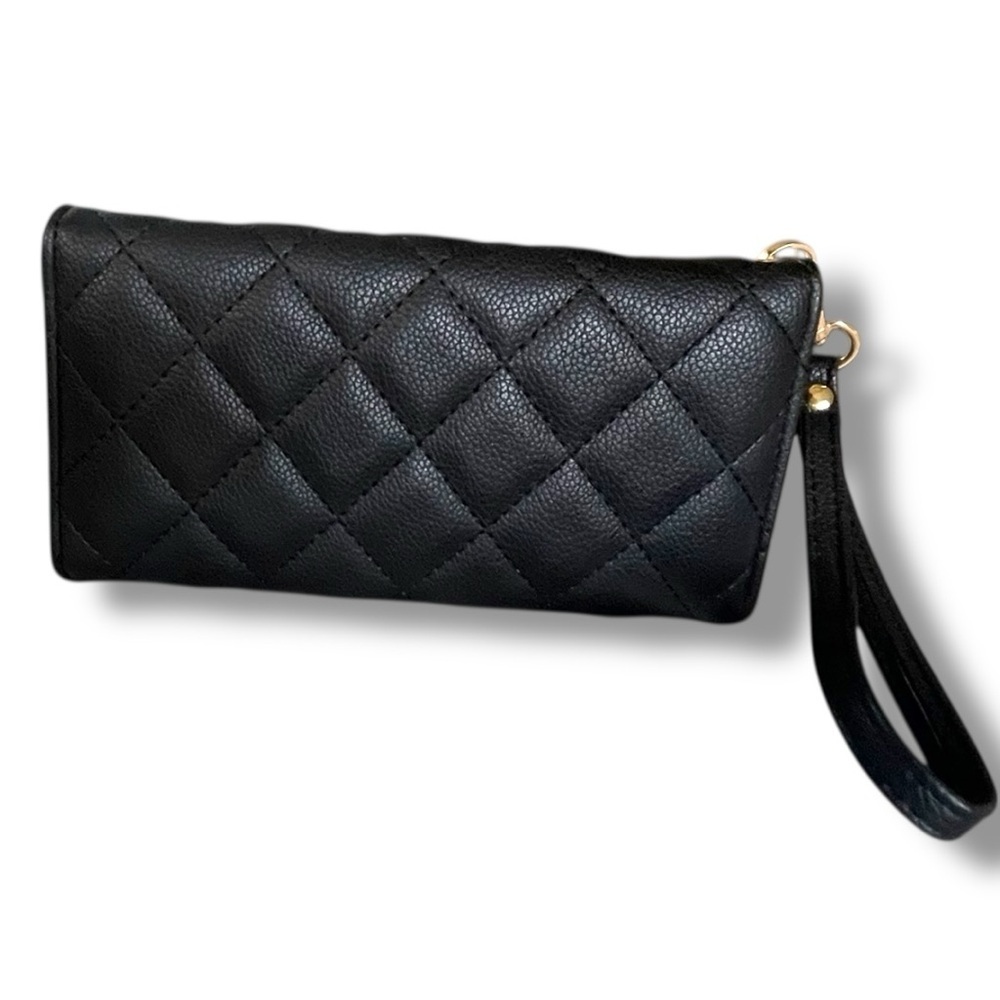 Black Quilted Wristlet Wallet Clutch Gold Turn Lock Faux Leather Large Organizer - Picture 2 of 7